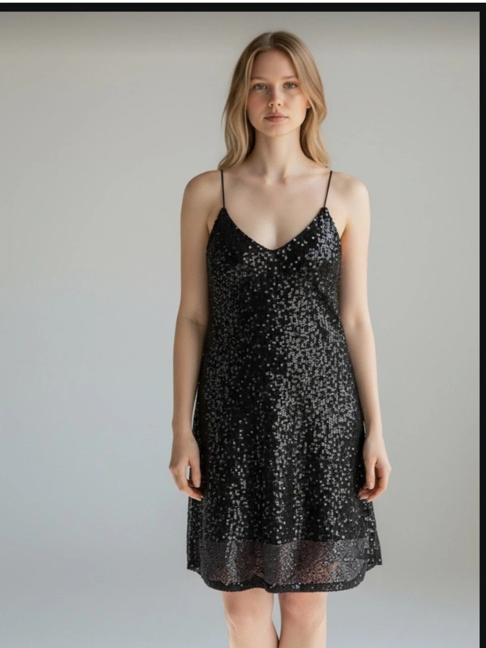 Amuse Little Black Mini Slip Sequin Dress  Spaghetti Strap Size Medium